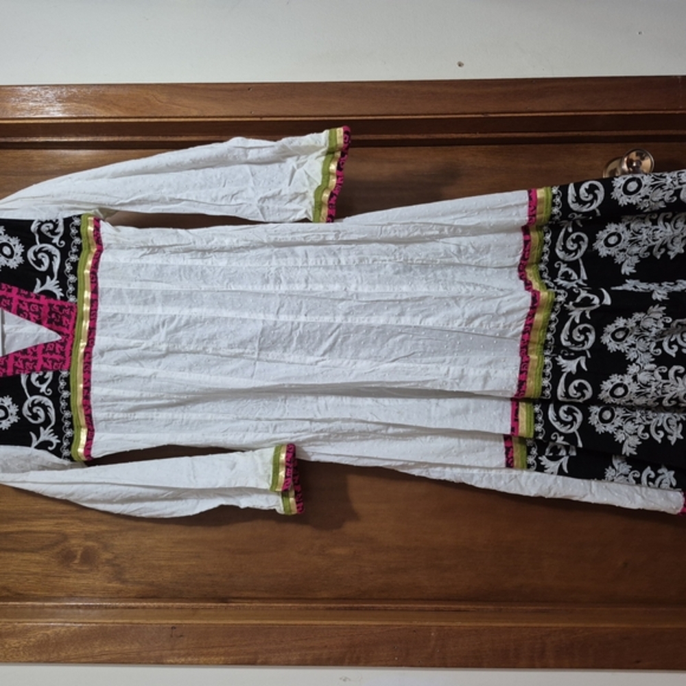 White and Black Long Sleeve Dress with Pink Accents
